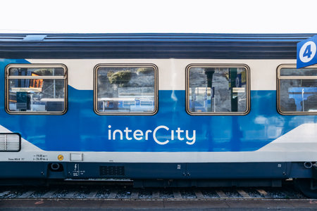 Ventimiglia, Italy - March 19, 2025 : Intercity train at platform in Ventimiglia stationのeditorial素材