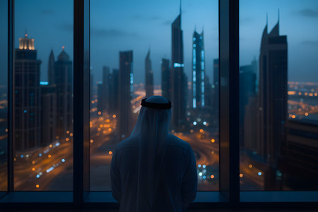 Emirati man overlooking Dubai skyline at night â AI generatedの素材