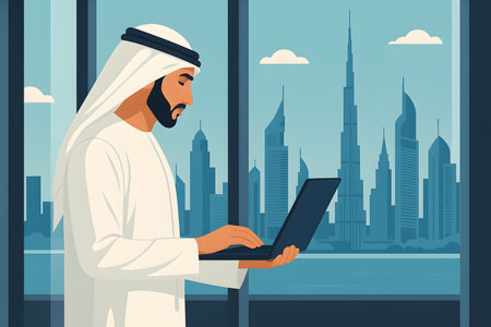 Businessman in Traditional Dress Overlooking Dubai Skyline â AI generatedの素材