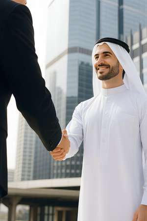 Business Handshake Between Emirati Investor and International Partner, UAE Cityscape â AI generatedの素材