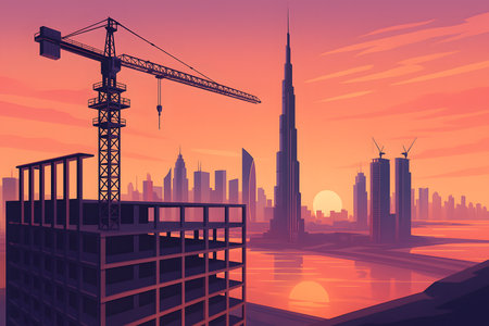 Modern construction site with Dubai skyline at sunset, flat style â AI generatedの素材