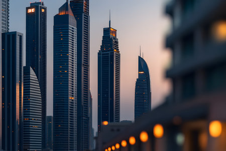 Iconic Dubai skyscrapers at dusk, viewed from a modern balcony â AI generatedの素材