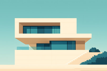 Modern Villa in Flat Style, Minimalist Architecture, AI generatedの素材