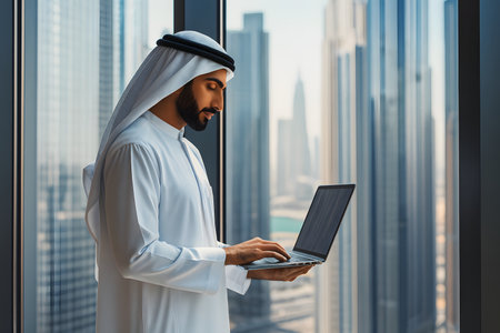 Middle Eastern businessman working on laptop in skyscraper office â AI generatedの素材