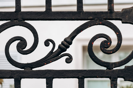 Ornate wrought iron fence detail on rue Norvins in Montmartreの写真素材
