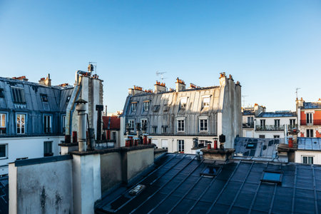 Classic Paris rooftops with chimneys and mansard windowsの写真素材