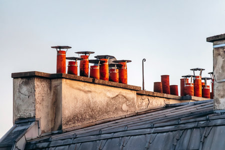 Classic Paris rooftops with chimneys and mansard windows at sunset.の写真素材