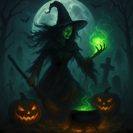 Witch Summoning in a Moonlit Graveyard, AI generatedの素材