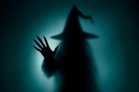 Shadowy witch silhouette with hand reaching through mist, eerie Halloween concept AI generatedの素材