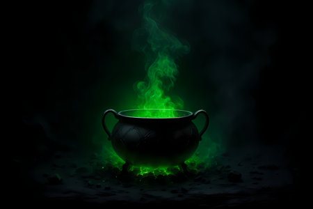 Glowing green witch cauldron with rising smoke, dark mystical scene AI generatedの素材