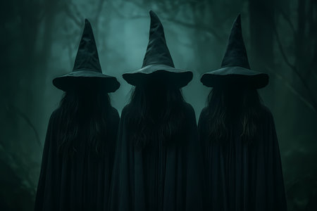 Three mysterious witches standing in foggy forest, dark Halloween concept AI generatedの素材