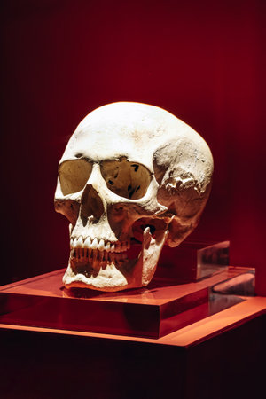 A well-preserved human skull is showcased on a red acrylic pedestal inside a museum on Gozo island.の写真素材