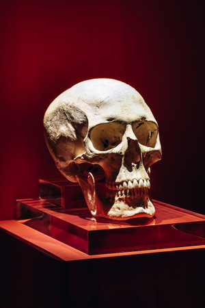 A well-preserved human skull is showcased on a red acrylic pedestal inside a museum on Gozo island.の写真素材