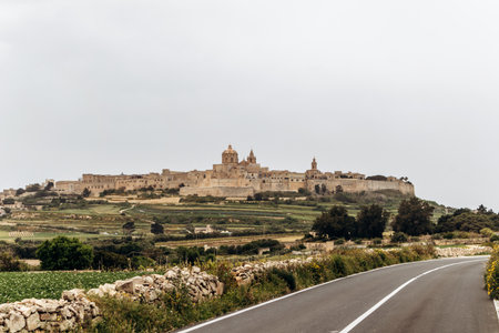View of Mdina, the ancient fortified city on a hilltop, with baroque domes, stone walls, and the surrounding Maltese countrysideの写真素材