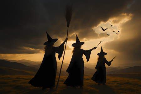Three witches on a hill at sunset with flying bats, Halloween magic scene AI generatedの素材