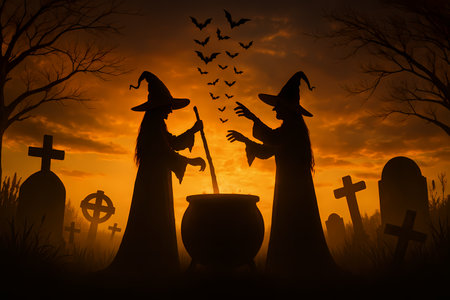 Two witches brewing potion at sunset in graveyard, Halloween scene AI generatedの素材