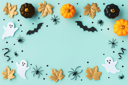 Halloween flat lay with pumpkins, ghosts, bats and golden leaves on pastel background AI generatedの素材