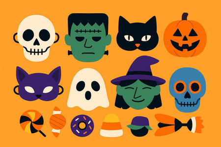 Flat-style Halloween masks collection illustration, AI generatedの素材