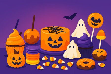 Halloween desserts flat illustration AI generatedの素材