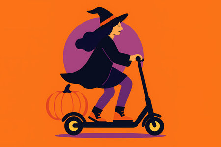 Witch on electric scooter flat illustration AI generatedの素材