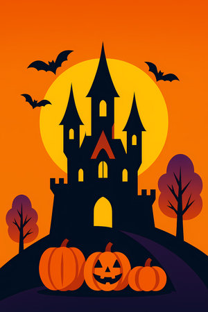 Halloween castle silhouette with moon flat illustration AI generatedの素材