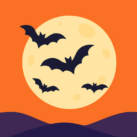 Flat-style Halloween bats flying in front of full moon, AI generatedの素材