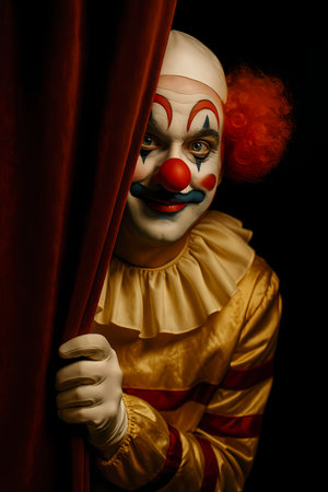 Creepy Clown Behind Curtain (AI generated)の素材