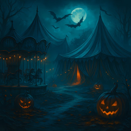 Abandoned Halloween Circus with Moonlit Carousel, AI generatedの素材