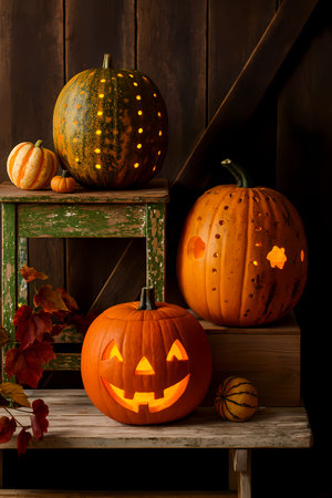 Rustic Halloween Pumpkins with Carved Patterns and Warm Glow, AI generatedの素材