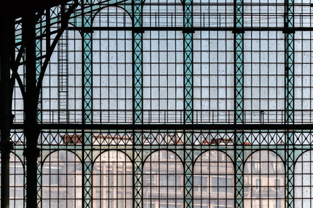 London, United Kingdom - August 10, 2022: Close-up view of the glass and iron structure inside St Pancras railway stationの写真素材
