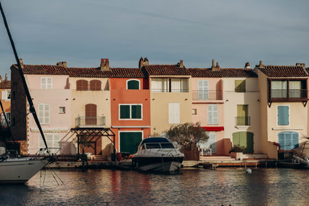 Port Grimaud, France - 28.12.2021 :  View of the beautiful facades of Port Grimaud on the French Riviera on a sunny winter dayのeditorial素材