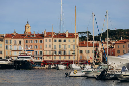 Saint-Tropez, France - 28.12.2021 : View of the pier and embankment of Saint-Tropez on a sunny winter dayのeditorial素材