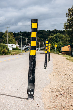 Flexible delineator posts with yellow reflective panels installed along a rural road near La Tuque in Quebec to guide traffic and improve safety.の写真素材