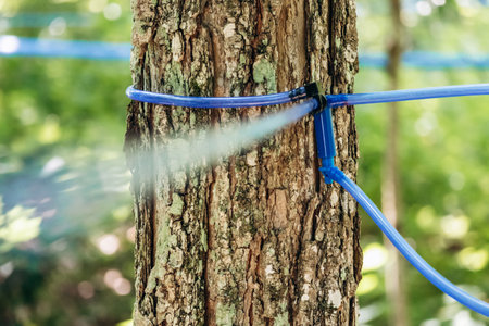 A detailed view of the modern maple sap collection system in Quebec, Canada, showing blue plastic...