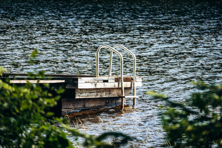 A wooden dock with a metal ladder extending over the calm water of a forest lake in La Mauricie National Park, Quebecの写真素材