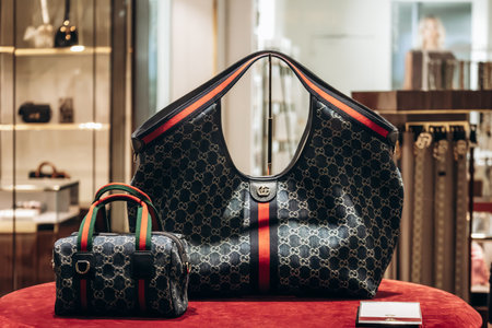 Nice, France - November 14, 2025: Gucci handbags displayed in a boutique window in Nice, Franceのeditorial素材