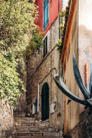 Stone staircase in the old town of Roquebrune with traditional houses and vegetation