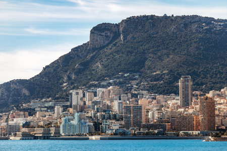 Roquebrune Cap Martin, France - February 9, 2025: View of Monaco skyline and high rise buildings...