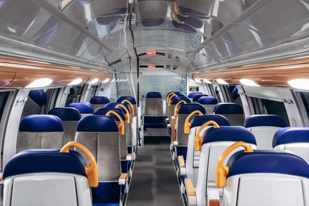 Menton, France - February 9, 2025: Interior of an empty TER regional train carriage on the French...