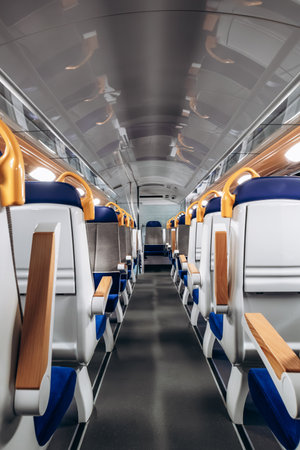 Menton, France - February 9, 2025: Interior of an empty TER regional train carriage on the French...