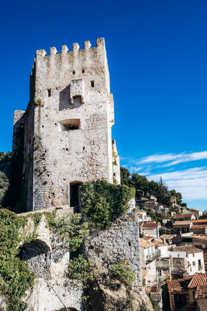 Roquebrune Cap Martin, France - February 9, 2025: Exterior view of the Grimaldi Castle tower seen from the village of Roquebruneのeditorial素材