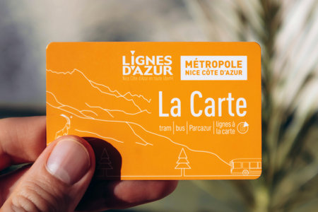 Nice, France - December 9, 2025: La Carte public transport card of Lignes d Azur held in a male handのeditorial素材