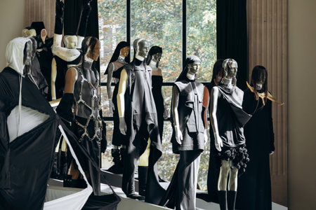 Paris, France - September 6, 2025: Selection of iconic Rick Owens looks displayed at the Temple of...