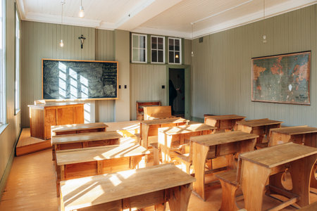 Chambord, Canada - August 18, 2025: Restored 1927 school classroom interior at Val-Jalbert Historical Village in Quebecのeditorial素材