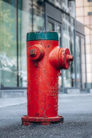 A close-up view of a weathered red fire hydrant with a green top in downtown Montreal, captured against an urban backdrop of modern buildings and soft afternoon lightの写真素材