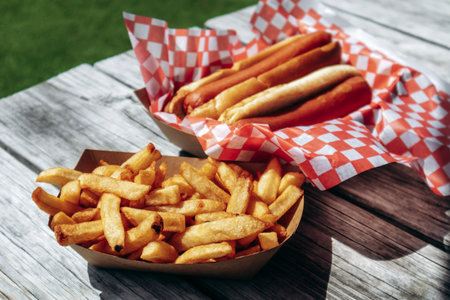 Close-up view of classic hot dogs and crispy french fries served in paper trays on a wooden picnic table outdoorsの写真素材