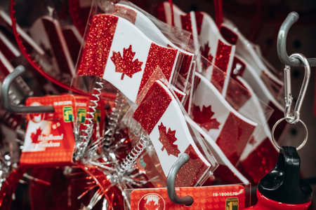 Montreal, Canada â August 12, 2025: A display of assorted Canada-themed souvenir items in a gift shop.のeditorial素材