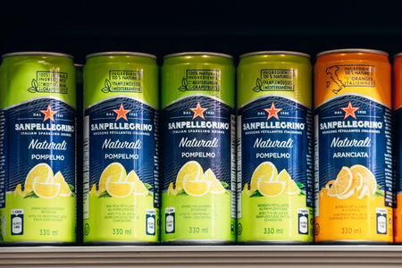 Montreal, Canada - August 14, 2025: A close-up view of Sanpellegrino Naturali Pompelmo sparkling...