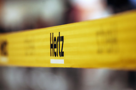 Montreal, Canada - August 15, 2025: Yellow Hertz rental car barrier strap at Montreal Trudeau Airportのeditorial素材