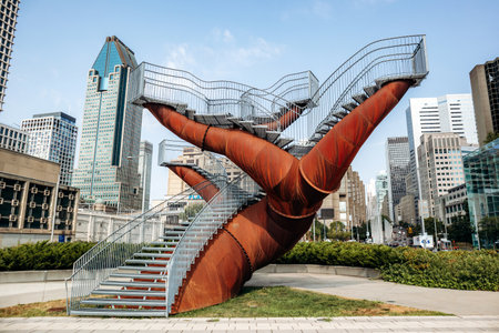 Montreal, Canada â August 14, 2025: A striking public art installation with large rust-colored steel structures and elevated walkways set against the modern downtown skyline of Montrealのeditorial素材